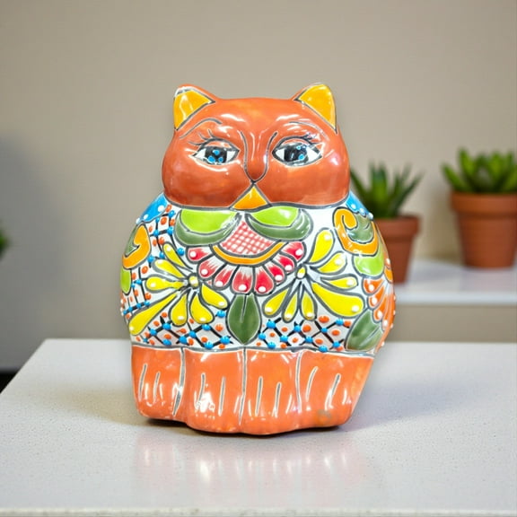 Adorable Handmade Fat Cat Planter | Colorful Talavera Artwork (Medium Size)