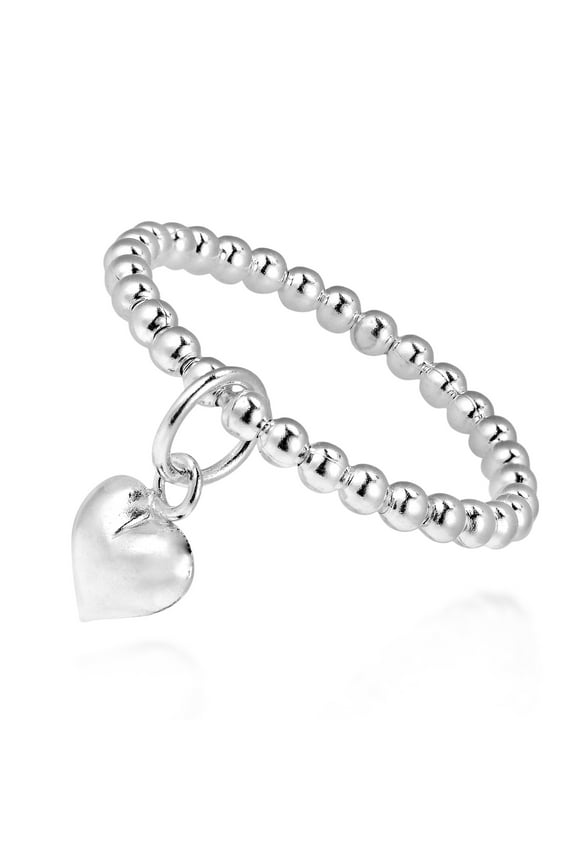 Adorable Heart Dangle Eternal Love Beaded Sterling Silver Ring