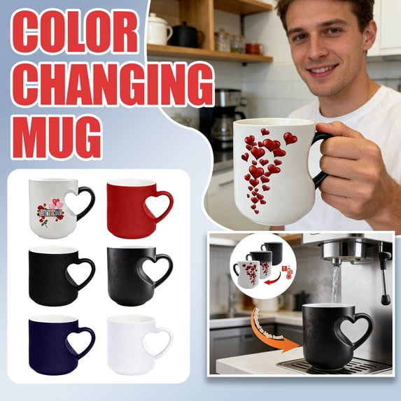 Adorable Heart-Shaped Color Changing Magic Ceramic Mug, Heart Shaped Handle Ceramic Coffee Cup for Valentine's Day, Romantic Gift,Hot Pink
