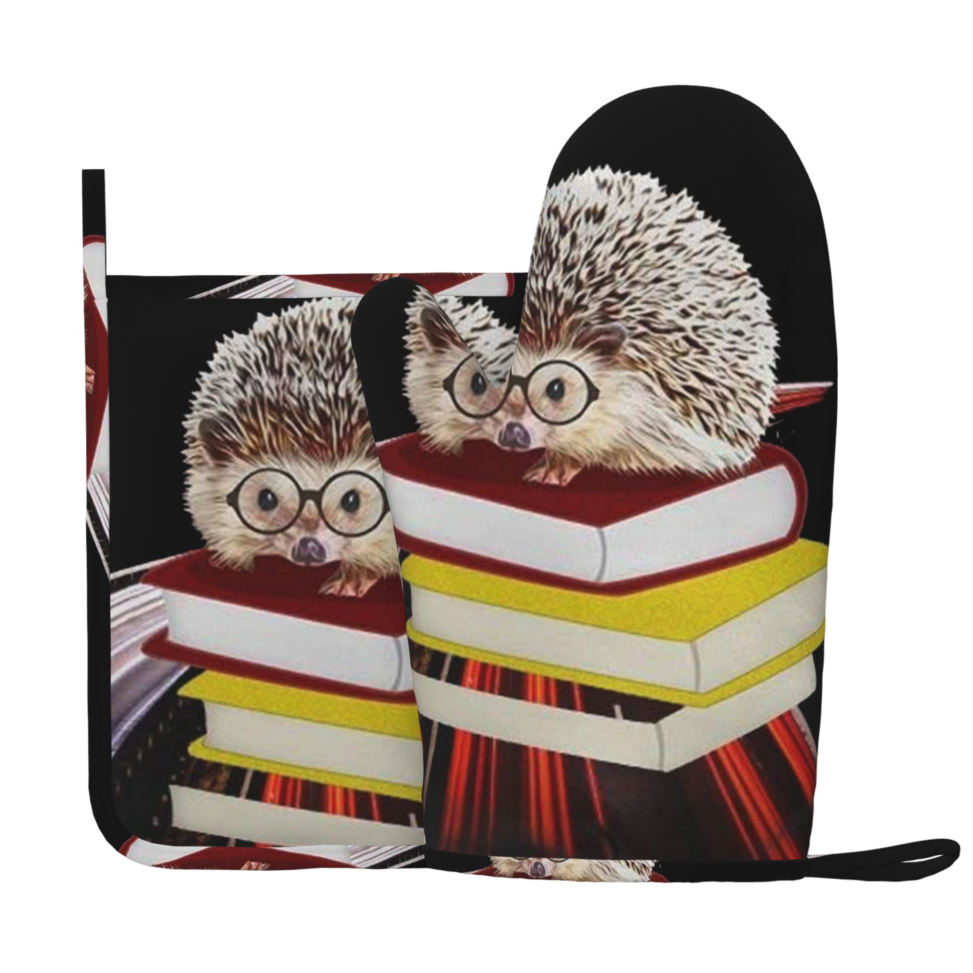 Adorable Hedgehog Book Oven Mitts Pot Holders Set Non-Slip Cooking Kitchen Gloves Washable Heat Resistant Oven Gloves for Microwave BBQ Baking