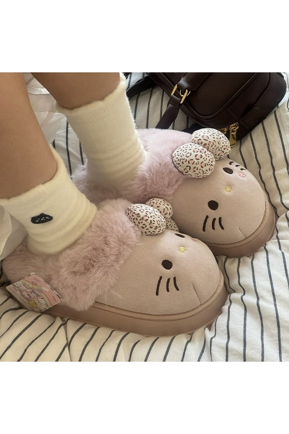 Adorable Hello Kitty Plush Slippers for Women,Cozy Winter Indoor Footwear with Leopard-print Bows,36/37