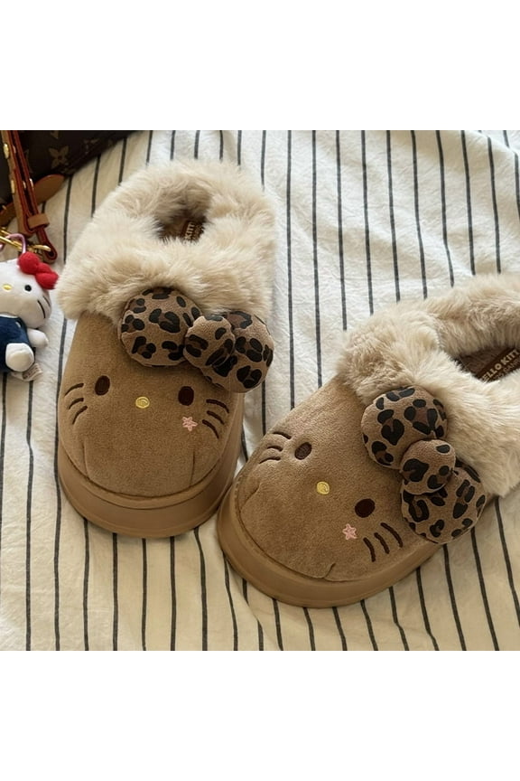 Adorable Hello Kitty Plush Slippers for Women,Cozy Winter Indoor Footwear with Leopard-print Bows,38/39