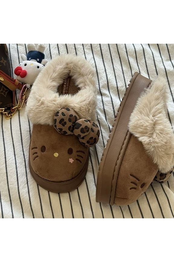 Adorable Hello Kitty Plush Slippers for Women,Cozy Winter Indoor Footwear with Leopard-print Bows,40/41