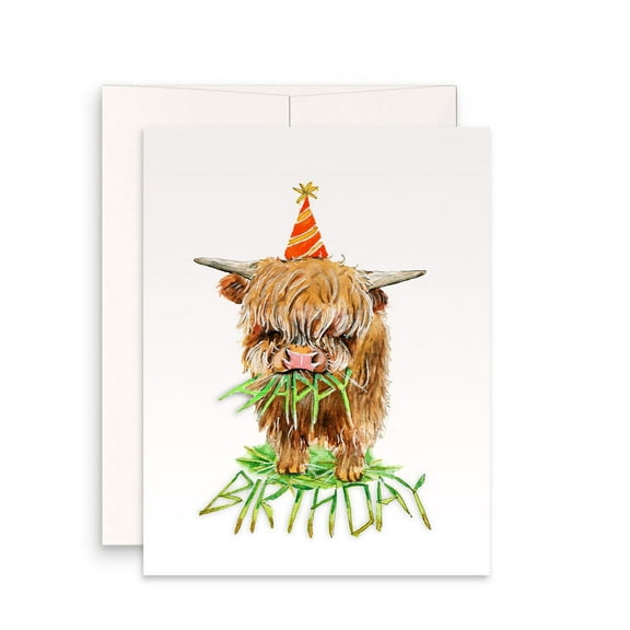 Adorable Highland Cow Birthday Card Cute Cow in Party Hat Design Perfect for Celebrating Birthdays Blank Inside, Envelope Included