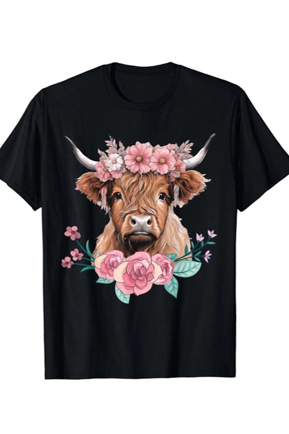 Adorable Highland Cow Floral Crown T-Shirt, Cute Farm Animal Nature Lover Graphic Tee, Rustic Cottagecore Style Apparel Gift