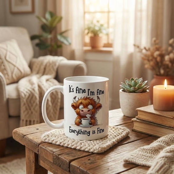 Adorable Highland Cow Print Coffee Mug "I Am Fine" Slogan, Cute Animal Ceramic Tea Cup for Home Office Kitchen Decor, Perfect Inspirational Friendship Gift for Cow Lovers & Daily Use, White