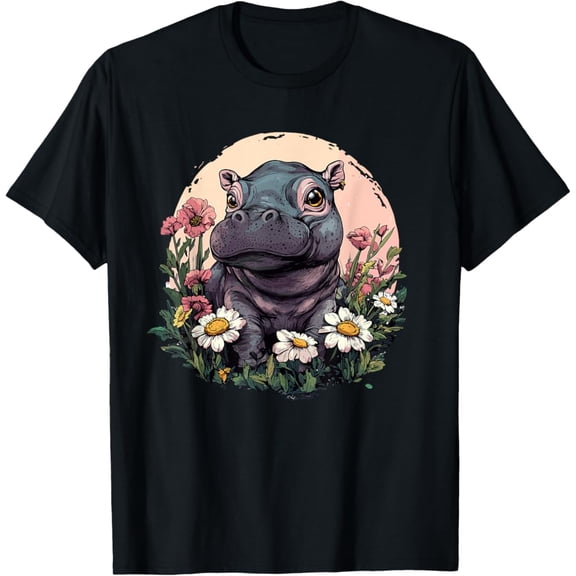 Adorable Hippo In Flower Garden Cute Scene T-Shirt, F836 Sweatshirt All Size S-5XL