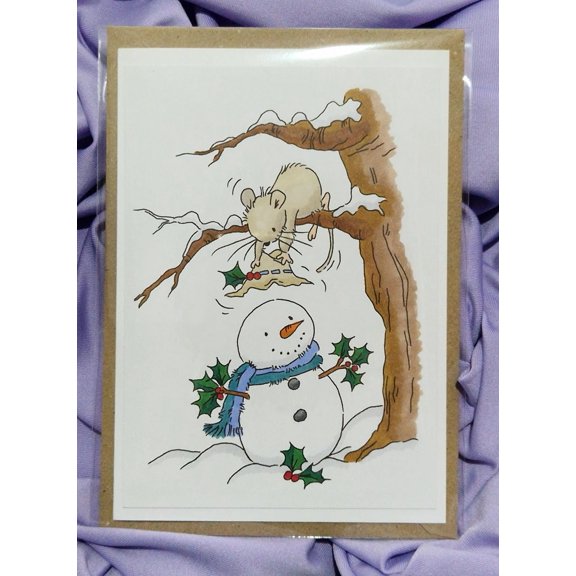 Adorable Holiday Card featuring Snowman and Mouse – Perfect for Winter Greetings, Holiday Wishes, or Cheerful Messages – Blank Inside with Envelope Included