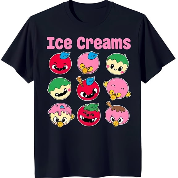 Adorable Ice Cream Characters Black T-Shirt Cute Flavors & Expressions 'Ice Creams' Graphic Tee