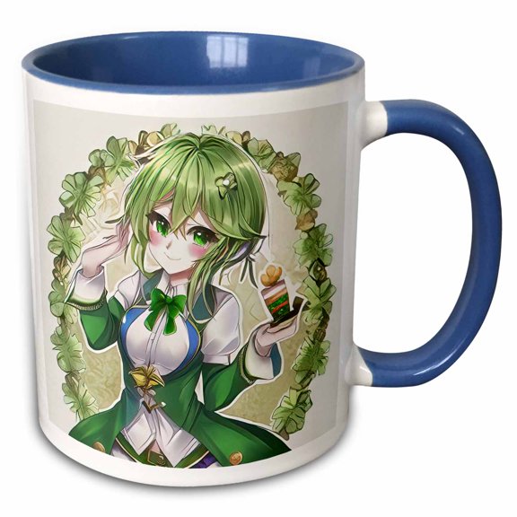 3drose, Adorable Irish Elf Girl, Four Leaf Clover Frame. Good Luck Gift Charm, 11oz Two-tone Blue Mug