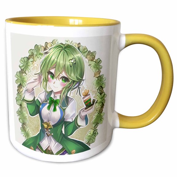 3drose, Adorable Irish Elf Girl, Four Leaf Clover Frame. Good Luck Gift Charm, 15oz Two-tone Yellow Mug