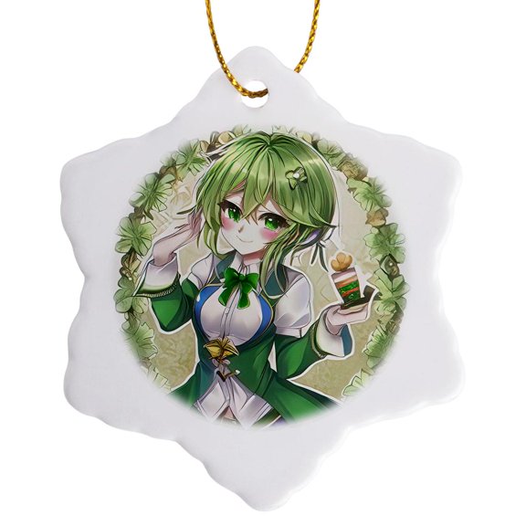 3drose, Adorable Irish Elf Girl, Four Leaf Clover Frame. Good Luck Gift Charm, 3 inch Snowflake Porcelain Ornament