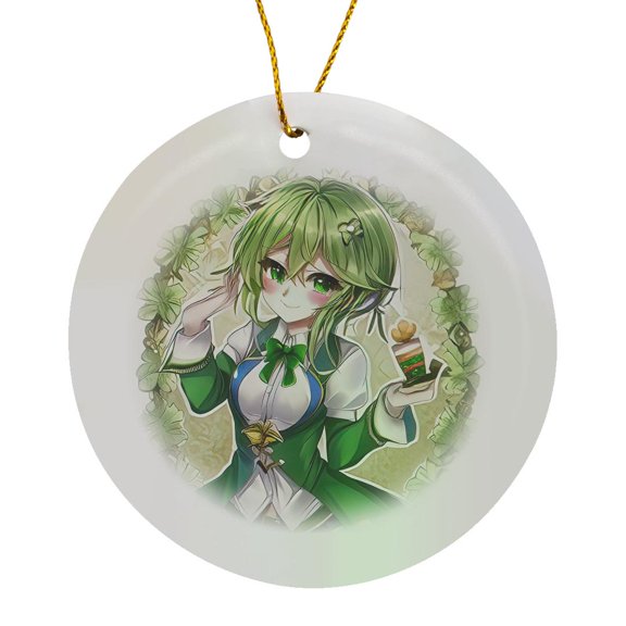 3drose, Adorable Irish Elf Girl, Four Leaf Clover Frame. Good Luck Gift Charm, Circle Porcelain Ornament