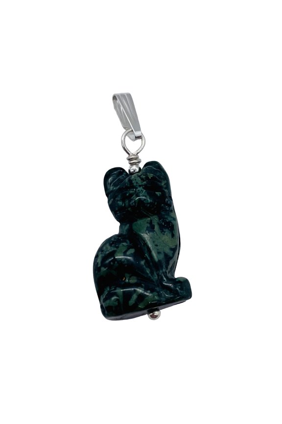 Adorable! Kambaba Jasper Carved Sitting Cat Sterling Silver Pendant