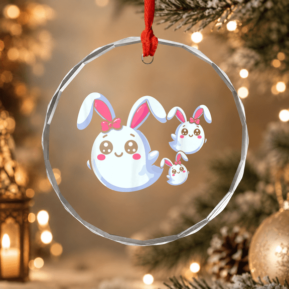 Adorable Kawaii Bunny Ghosts with Bows Ornament, Holiday Keepsake Gift, Circle Glass Ornament