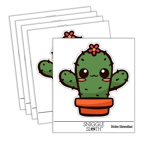 Adorable Kawaii Chibi Cactus in Pot Succulent Car Window Bumper Water Bottle Phone Tablet Laptop Waterproof Vinyl Decal Sticker Set 5-Pack - Gloss Finish - 3.0"
