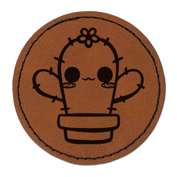 Adorable Kawaii Chibi Cactus in Pot Succulent 2.5" Faux Leather Round Engraved Iron-On Patch - Brown