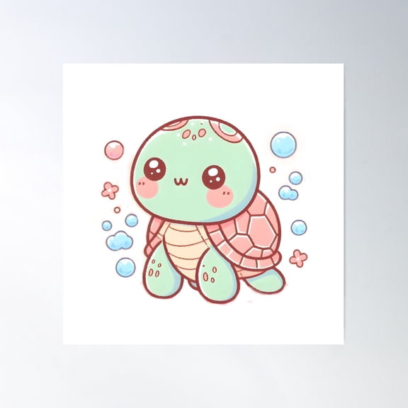 Adorable Kawaii Turtle With Bubbles Poster Wall Art, Modern Wall Decor For Living Room Bedroom, 17x17 UNFRAMED