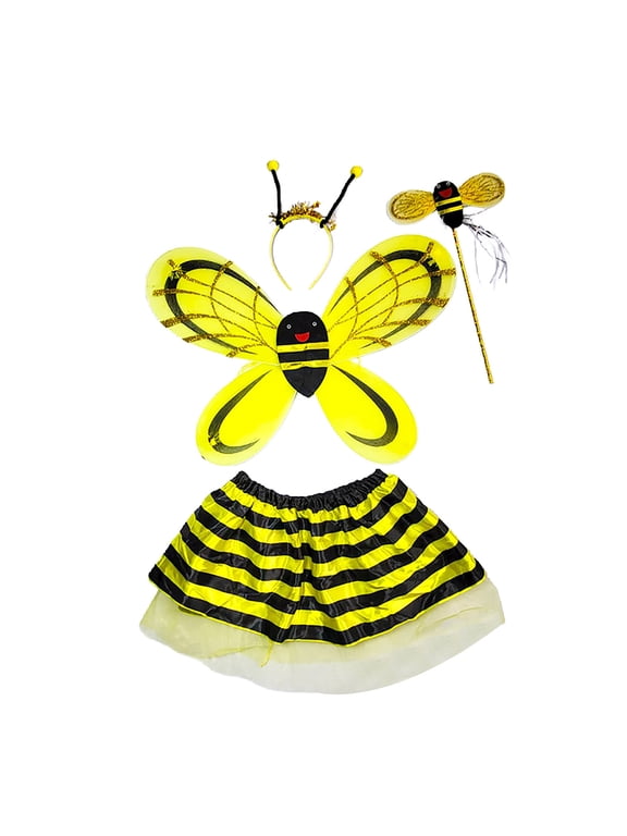 Adorable Kids Costume Four Piece Outfit for Girls Dress Up Play Bee Print Short Sleeve Crew Neck Regular Yellow 8 Years-14 Years