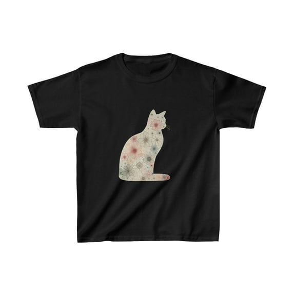 Adorable Kids Shirt with Whimsical Cat Outline Filled with Colorful Flowers