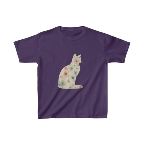 Adorable Kids Shirt with Whimsical Cat Outline Filled with Colorful Flowers