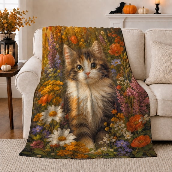 Adorable Kitten Wildflower Scene Cute Cat Floral, Cozy Woodland Scene, Warm Flannel Blanket for Living Room and Bedroom, Cat Lovers Just Because Gift, Botanical Home Decor