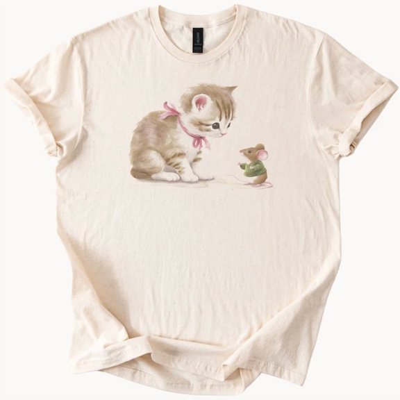 Adorable Kitten With Pink Bow And Mouse In Sweater Graphic Animal Tee Shirt Size S-5Xl Heygategoo Tee
