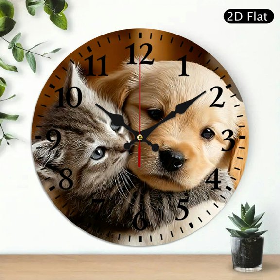 Adorable Kitten and Puppy Cuddling Wall Clock, Cute Pet Friendship Round Decorative Clock, 10x10 Inch, 1pc, Battery Not Included