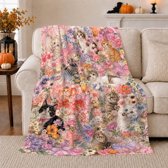 Adorable Kittens Sunlit Floral Scene, Playful Pet Portrait Pattern, Warm Flannel Blanket for Living Room and Bedroom, Cat Lovers Just Because Gift, Pet Lover Home Decor