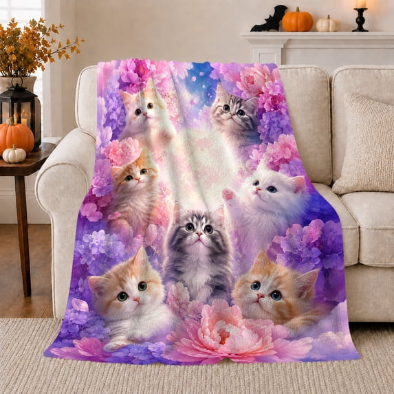 Adorable Kittens Watercolor Peonies Dreamy Pastel, Cozy Pet Portrait Pattern, Warm Flannel Blanket for Living Room and Bedroom, Cat Lovers Valentine's Day Gift, Pet Lover Home Decor