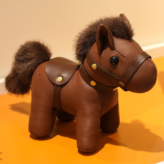 Adorable Leather Horse Plush Doll Chinese Zodiac Pony with Long Tail 5.9in Ornament-Creative Simulation Plushies Toy Gift, Cuddly and Soft Stuffed Animal Doll Throw Pillow