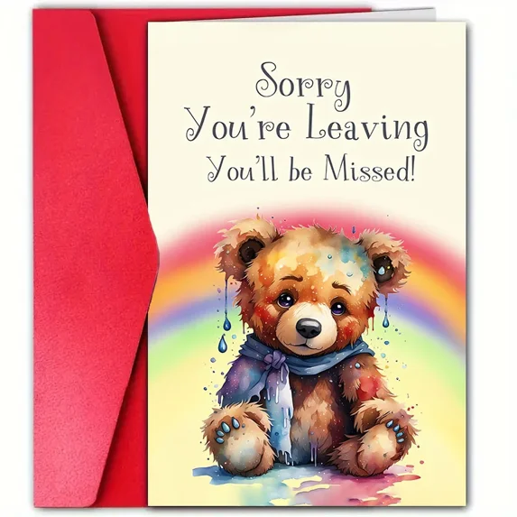 Adorable Leaving Card with Bear Design – "Sorry You're Leaving, You'll be Missed!" Message – Includes Red Envelope – Perfect for Farewell, Good Luck, and Friendship Wishes