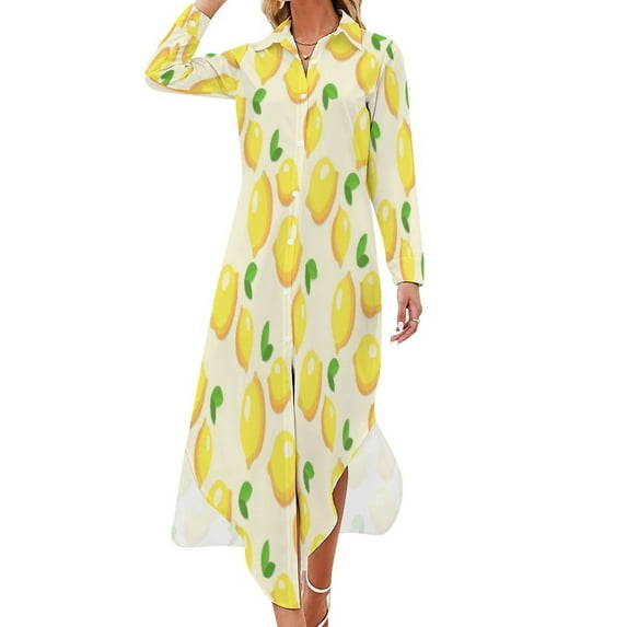 Adorable Lemon Print Casual Dress Fruits Pattern Street Fashion Dresses Long Sleeve Kawaii V Neck Graphic Oversize Chiffon Dress