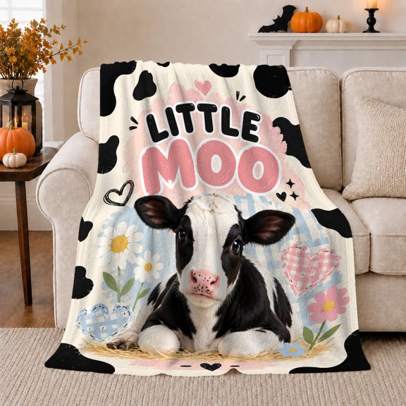 Adorable Little Moo Calf Farmhouse, Cozy Typography Art Scene, Warm Flannel Blanket for Ranch House and Living Room, Art Lovers Valentine's Day Gift, Artistic Home Decor
