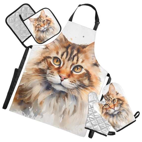 Adorable Long Hair Cats 5 Pcs Kitchen Set Heat Resistant Oven Mitts and Non-Slip Pot Holders with Adjustable Cooking Apron
