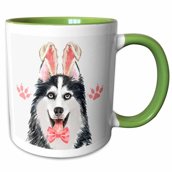 3drose, Adorable Malamute Dog Is Happy Dressed for Easter in Bunny Ears, 15oz Two-tone Green Mug