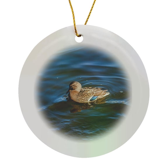 3drose, Adorable Mallard Duck in a Cold Water on a Sunny Spring Day, Circle Porcelain Ornament