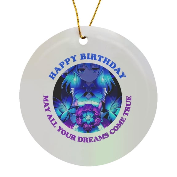 3drose, Adorable Manga Girl, Flowers, Neon Colors. Happy Birthday Card, Gift, Circle Porcelain Ornament