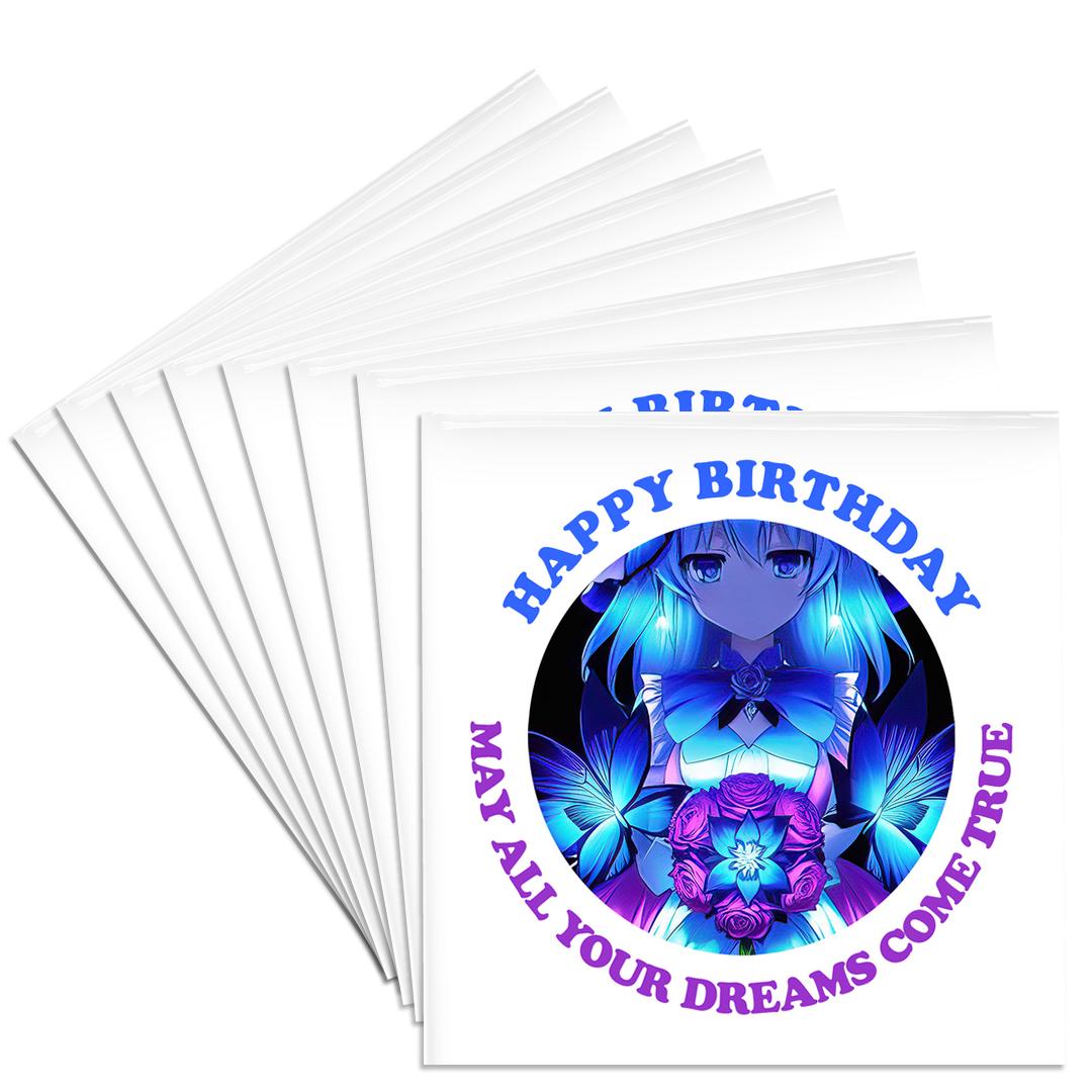 3drose, Adorable Manga Girl, Flowers, Neon Colors. Happy Birthday Card, Gift, Set of 8 Ceramic Tile Coasters