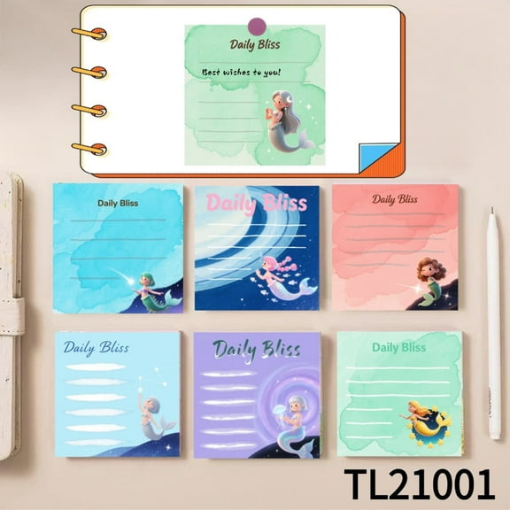 Adorable Mermaid - Themed Daily Bliss Sticky Notes (3.543.54 Inches) 100-Pack with105 Emoticon Stickers, Quickly Jotting Down Reminders, Leaving Temporary Messages, Easy To Write On