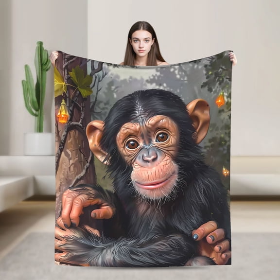 Adorable Monkey Print Flannel Blanket, Soft Warm Cozy Beige friendly Machine Washable for Sofa Bed Camping Office Home Decor, Multipurpose Gift Blanket for All Seasons