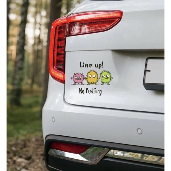 Adorable Monster Line-Up Car Sticker. Cute, Quirky Design with Fun 'No Pushing' Reminder. Weatherproof Vinyl Decal for Cars, Trucks, Windows, Laptops, and Playrooms. Monster-Lovers Everywhere
