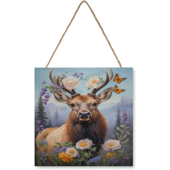 Adorable Moose with Floral Design Wooden Hanging Sign - Vintage-Inspired Decor for Bedrooms and Cozy Spaces, A Charming Touch 12"x12"