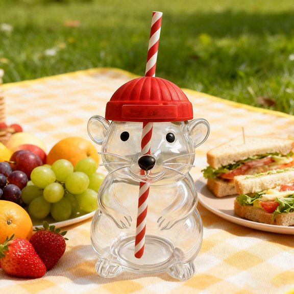 Adorable Mouse-Figure Glass with Red Lid, 5.91 in Tall and Cheerful Straw, Adds Personality to Table Settings, Great for Cold Milk, Water, and Themed PartiesMouse,2pcs