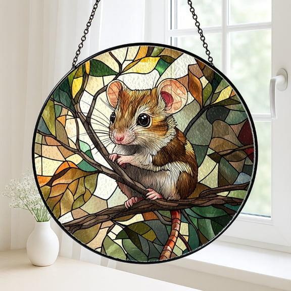 Adorable Mouse on Branch Stained Glass Suncatcher, Window Hanging Forest Wildlife Artwork for Cozy Home Decor, Gentle Nature Inspired Gift