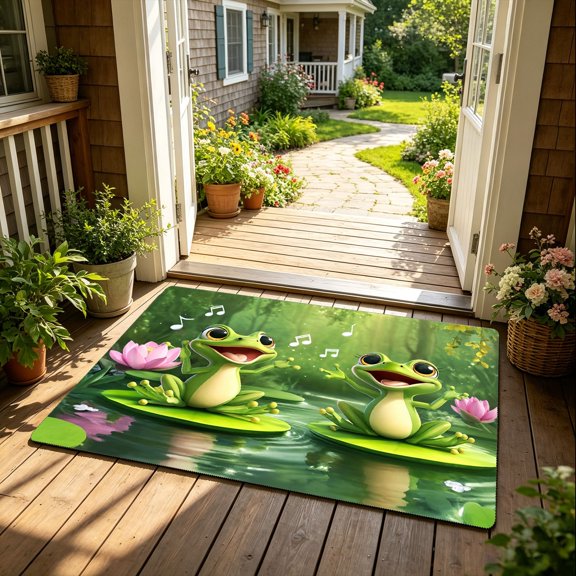 Adorable Music Note Frogs Water Scene Entry Rug, Front Porch Christmas Holiday Themed Floor Mat, Thanksgiving Christmas Gift