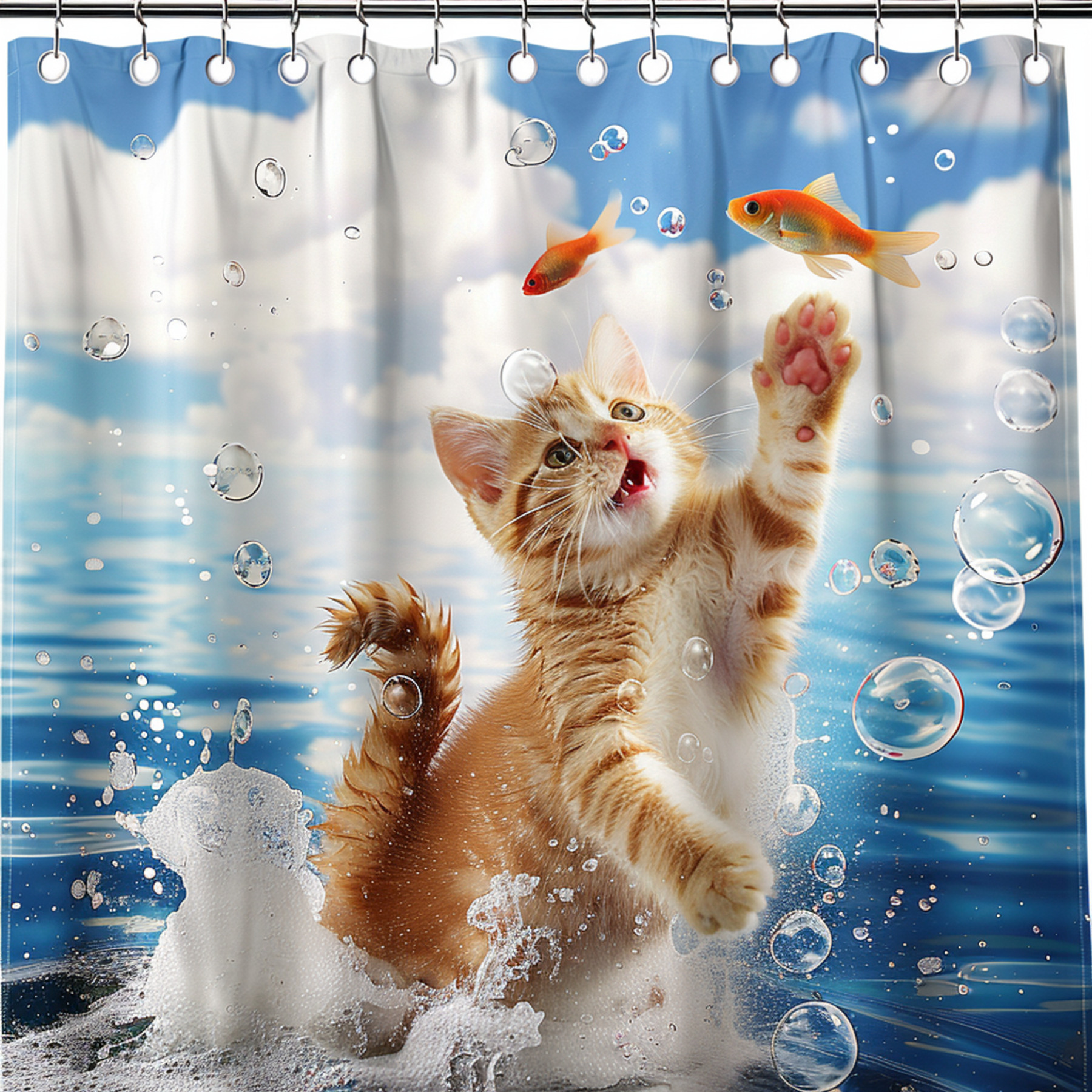 Adorable Orange Cat Chasing Fish Shower Curtain High Quality Double