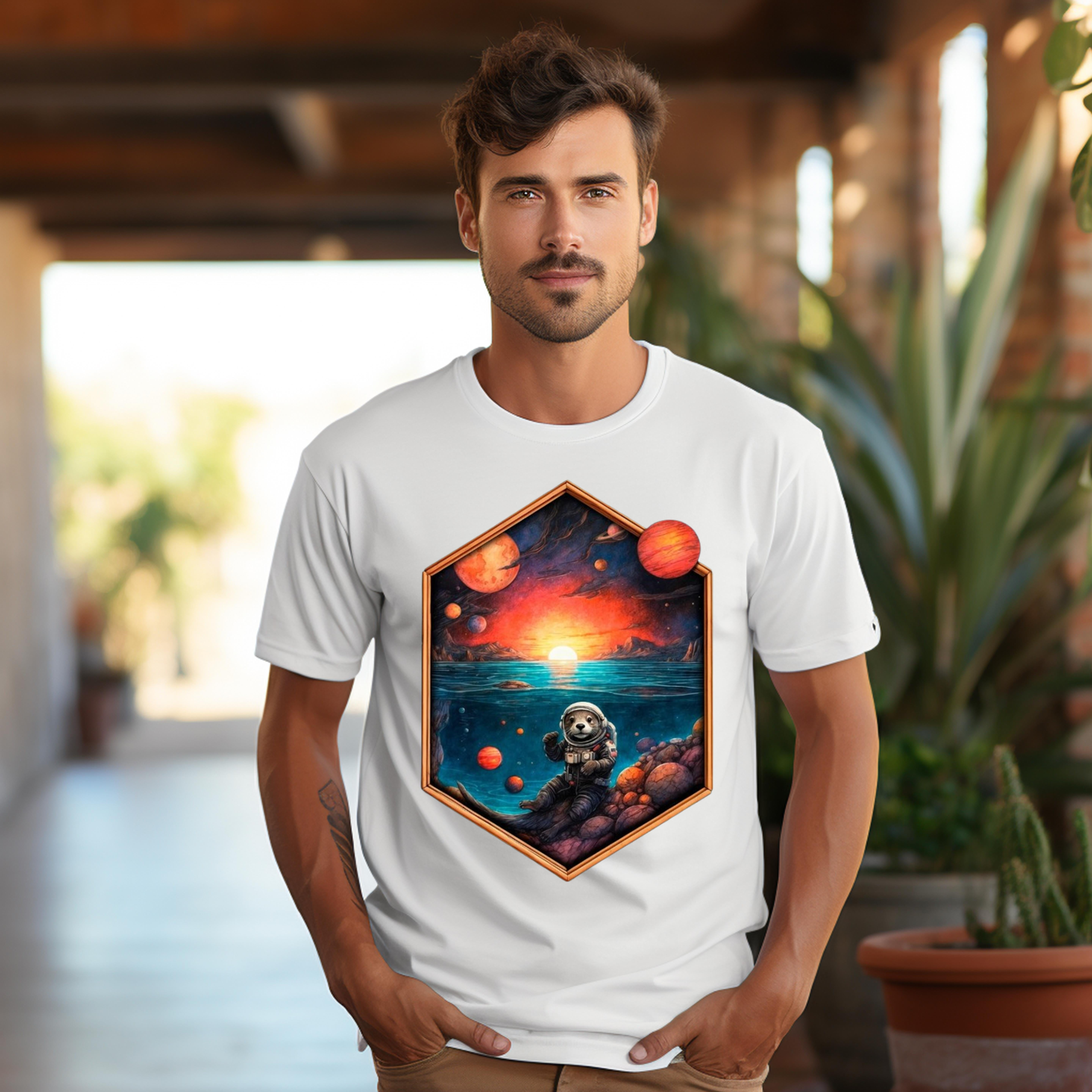 Adorable Otter Astronaut in Space Graphic T-Shirt Design for a Playful