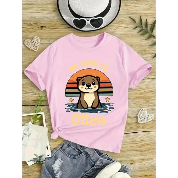 Adorable Otter Sunset Graphic Cotton Tee for Girls - Playful Retro Design with "Be Kind to Otters" Text, Lightweight & Comfy Short-Sleeve Summer Top, Casual Round Neck Youngsters' Clothing