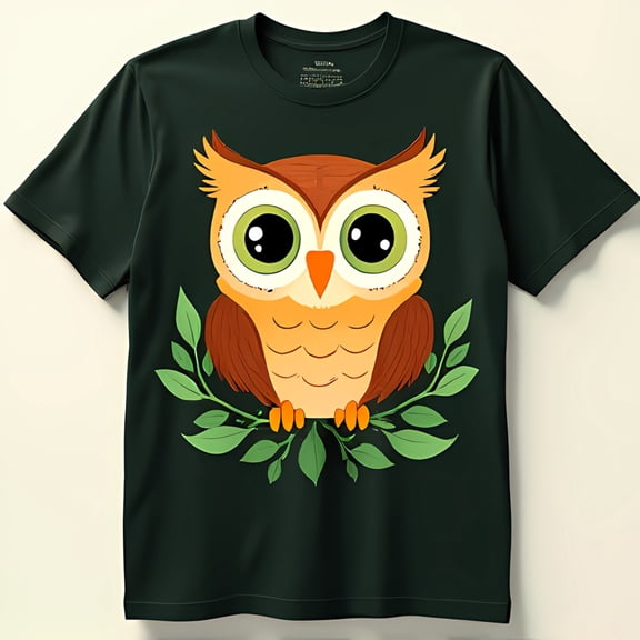 Adorable Owl Graphic T-Shirt with Green Leaves Cute Nature Design on Black Tee